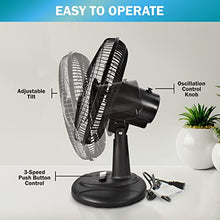Load image into Gallery viewer, Comfort Zone Oscillating Table Fan with Adjustable Tilt, Convenient Push Button Controls, Quiet, 12 inch, 3 Speed, Desk Fan, Airflow 7.25 ft/sec, Ideal for Home, Bedroom, Dorm & Office, CZ121BK