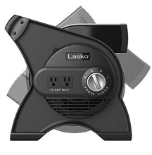 Load image into Gallery viewer, Lasko 12” Utility Fan for Job Site or Home Use, 289 CFM, Pivoting High Velocity Blower Fans, 3 Speeds, 2 Accessory Outlets 120V, Black, U12104