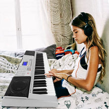Load image into Gallery viewer, MUSTAR 61 Key Piano Keyboard, MEKS-400 Electric Piano Keyboard with Lighted Up Keys, Learning Keyboards Piano for Beginners, Piano Stand, LCD Screen, Headphones, Microphone, Kids Christmas Gifts