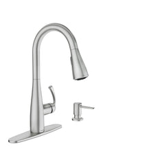 Load image into Gallery viewer, Moen Essie Spot Resist Stainless Pull-Down Sprayer Kitchen Faucet Set with Soap Dispenser - Upgrade Your Kitchen Sink with a Modern Pull Down Spray Head, 87014SRS