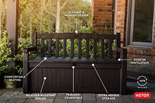 Load image into Gallery viewer, Keter Solana 70 Gallon Storage Bench Deck Box for Patio Furniture, Front Porch Decor and Outdoor Seating – Perfect to Store Garden Tools and Pool Toys, Brown/Brown