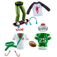 Load image into Gallery viewer, The Elf on The Shelf Claus Couture Active Bundle: Holly Jolly Ollie Skateboarder, Touchdown Tidings Set, and Karate Kicks (Scout Elf Not Included)