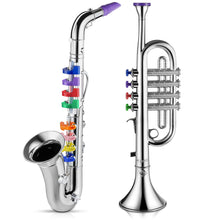Load image into Gallery viewer, Lewtemi Set of 2 Musical Instruments Include Toy Trumpet and Toy Saxophone Set Plastic Trumpet Educational Toy Home School Music Gift, Color Keys (Silver)