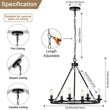 Load image into Gallery viewer, Black Farmhouse Chandelier, 6-Light Wagon Wheel Chandelier with Adjustable Height, Dining Room Light Fixture, Hanging Lights for Kitchen Island, Living Room, Bedroom, Entryway, E12 Base