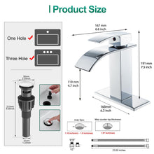 Load image into Gallery viewer, VOTON Chrome Bathroom Faucets Waterfall Bathroom Sink Faucet Modern Single Handle Bathroom Faucet for 1 or 3 Holes with Deck Plate and Pop-Up Drain, Rv Sink Camper Farmhouse Bathroom Faucet