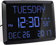 Load image into Gallery viewer, Digital Wall Clock, 11.5" Extra Large Display Calendar Alarm Day Clock with Date and of Week, Temperature,2 USB Chargers,3 Alarms, 5 Dimmer& 12/24Hr LED Desk for Office, Living Room, Bedroom, Elderly