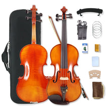 Load image into Gallery viewer, 4 Strings Violin Set Acoustic Violin 4/4 Full Set Flamed Maple Spruce Ebony Fittings 1/2 Violin 3/4 Violin 1/4 Violin for Beginners Solid Wood Violin with Hard Case & Violin Bow(4/4 Brown 1)