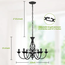 Load image into Gallery viewer, 6-Light Farmhouse Candle Chandelier for Living Room, Rustic Industrial Pendant Ceiling Light fixture, Vintage Hanging Lamp for Bedroom Hallway Kitchen Dining Room Foyer, Matte Black E12 Socket