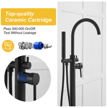 Load image into Gallery viewer, BESy Freestanding Bathtub Faucet Tub Filler Free Standing Floor Mount Stand Brass Bathroom Tub Faucets with 2 Function Hand Shower Wand Swivel, Matte Black Finish