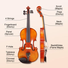 Load image into Gallery viewer, 4 Strings Violin Set Acoustic Violin 4/4 Full Set Flamed Maple Spruce Ebony Fittings 1/2 Violin 3/4 Violin 1/4 Violin for Beginners Solid Wood Violin with Hard Case & Violin Bow(4/4 Brown 2)