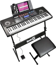 Load image into Gallery viewer, RockJam 61 Key Touch Display Keyboard Piano Kit with Digital Piano Bench, Electric Piano Stand, Headphones Piano Note Stickers, Sustain Pedal & Simply Piano Lessons