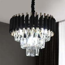Load image into Gallery viewer, A AXILIXI Modern Crystal Chandeliers 3 Tiers Black and Gold Pendant Light Fixtures 16” Round Flush Mount Chandeliers Ceiling Lighting Dimmable for Living Room Dining Room Foyer Bedroom Kitchen