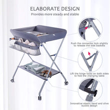 Load image into Gallery viewer, EGREE Baby Portable Folding Diaper Changing Station with Wheels, Adjustable Height Mobile Nursery Organizer with Safety Belt & Large Storage Racks, Newborns & Infant, Gray 1 Count (Pack of 1)