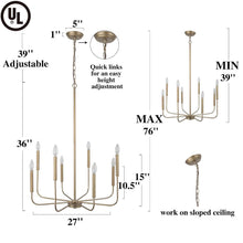 Load image into Gallery viewer, LALUZ Antique Gold Chandelier, Modern Farmhouse Light Fixture for Dining Room, Bedroom, Foyer, Living Room, Kitchen Island, Entryway (Upgraded Version, 2 Types of Height 8 Arms)