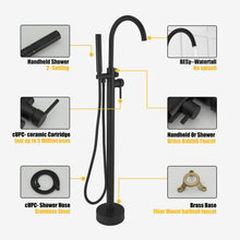Load image into Gallery viewer, BESy Freestanding Bathtub Faucet Tub Filler Free Standing Floor Mount Stand Brass Bathroom Tub Faucets with 2 Function Hand Shower Wand Swivel, Matte Black Finish