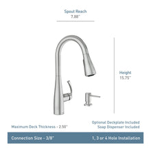 Load image into Gallery viewer, Moen Essie Spot Resist Stainless Pull-Down Sprayer Kitchen Faucet Set with Soap Dispenser - Upgrade Your Kitchen Sink with a Modern Pull Down Spray Head, 87014SRS