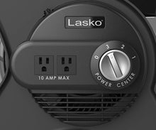 Load image into Gallery viewer, Lasko 12” Utility Fan for Job Site or Home Use, 289 CFM, Pivoting High Velocity Blower Fans, 3 Speeds, 2 Accessory Outlets 120V, Black, U12104