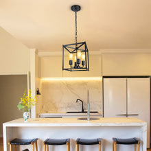 Load image into Gallery viewer, Unicozin 4-Light Black Farmhouse Chandelier, Iron Lantern Pendant Light Rustic Cage Adjustable Height, E26 Base Industrial Hanging Lights for Kitchen Island Dining Room Hallway Foyer Entryway