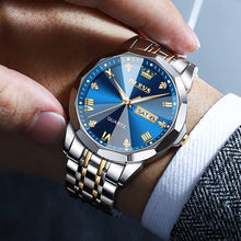 Load image into Gallery viewer, OLEVS Watch for Men Diamond Business Dress Analog Quartz Stainless Steel Waterproof Luminous Date Two Tone Luxury Casual Wrist Watch Blue