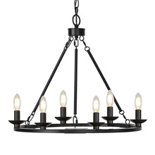 Load image into Gallery viewer, Black Farmhouse Chandelier, 6-Light Wagon Wheel Chandelier with Adjustable Height, Dining Room Light Fixture, Hanging Lights for Kitchen Island, Living Room, Bedroom, Entryway, E12 Base