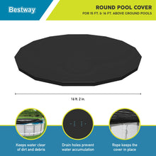 Load image into Gallery viewer, Bestway Round PVC 16 Foot Pool Cover for Above Ground Pro Frame Pools with Drain Holes and Secure Tie-Down Ropes, Black (Cover Only)