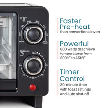 Load image into Gallery viewer, Elite Gourmet ETO490 9L/4 Slice Countertop Toaster Oven with 30-Minute Timer, Adjustable Temperature Control, Includes Baking Pan and Wire Rack, Bake, Broil, Toast, Black