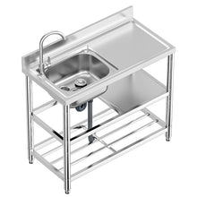 Load image into Gallery viewer, Free Standing Stainless-Steel Single Bowl Commercial Restaurant Kitchen Sink Set w/Faucet & Drainboard, Prep & Utility Washing Hand Basin w/Workbench & Double Storage Shelves Indoor Outdoor (39.5in)