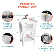 Load image into Gallery viewer, Zenna Home Utility Sink with Faucet, White, 24" D x 24" W – Freestanding Laundry Tub Sink for Laundry Room, Bathroom, Garage, Kitchen – Deep Shop Sink with Pull-Out Faucet, Towel Bar and Scrub Board