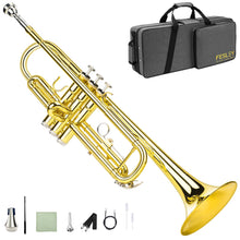 Load image into Gallery viewer, Fesley Bb Standard Trumpet Set: Brass Trumpets for Beginner Student, Brass Trumpet Instrument with 7C Mouthpiece, Hard Case, Cleaning Kit (Golden)