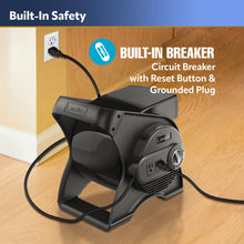 Load image into Gallery viewer, Lasko 12” Utility Fan for Job Site or Home Use, 289 CFM, Pivoting High Velocity Blower Fans, 3 Speeds, 2 Accessory Outlets 120V, Black, U12104