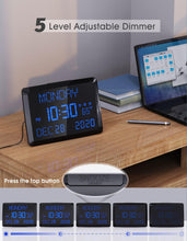 Load image into Gallery viewer, Digital Wall Clock, 11.5" Extra Large Display Calendar Alarm Day Clock with Date and of Week, Temperature,2 USB Chargers,3 Alarms, 5 Dimmer& 12/24Hr LED Desk for Office, Living Room, Bedroom, Elderly