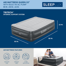 Load image into Gallery viewer, SLEEPLUX Durable Inflatable Air Mattress with Built-in Pump, Pillow and USB Charger, 22" Tall Queen