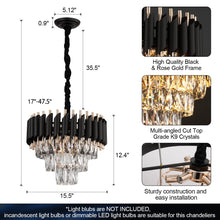 Load image into Gallery viewer, A AXILIXI Modern Crystal Chandeliers 3 Tiers Black and Gold Pendant Light Fixtures 16” Round Flush Mount Chandeliers Ceiling Lighting Dimmable for Living Room Dining Room Foyer Bedroom Kitchen