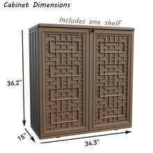 Load image into Gallery viewer, Mrosaa Indoor Outdoor Storage Cabinet Waterproof with 1 Shelf, Plastic Outdoor Storage Cabinets for Patio/Garden/Backyard, Size 34.3''L*15''W*36.2''H(Brown)