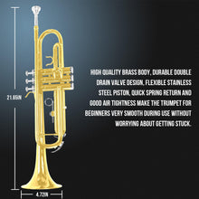 Load image into Gallery viewer, Soulmate Bb Standard Trumpet Set for Beginner Brass Student Trumpet Instrument with Carrying Hard Case, Cleaning Kit, 7C Mouthpiece and Gloves (Gold)