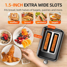 Load image into Gallery viewer, RAMJOY Black Toaster 2 Slice, Extra Wide Slot Toaster for Bagels, Bread, Waffles, 7 Shade Settings, 4 Main Functions, Removable Crumb Tray, 900 Watts Toasters, Black Stainless Steel