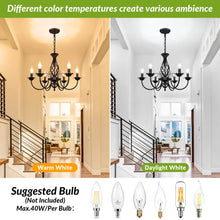 Load image into Gallery viewer, 6-Light Farmhouse Candle Chandelier for Living Room, Rustic Industrial Pendant Ceiling Light fixture, Vintage Hanging Lamp for Bedroom Hallway Kitchen Dining Room Foyer, Matte Black E12 Socket