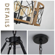 Load image into Gallery viewer, SANTOSTOCK D19'' Farmhouse Chandelier for Dining Room, 4-Light Adjustable Kitchen Island Lighting, Vintage Hanging Pendant Light Fixtures for Entryway Foyer Bedroom Hallway, Black & Dark Oak