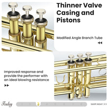 Load image into Gallery viewer, Fesley Bb Standard Trumpet Set: Brass Trumpets for Beginner Student, Brass Trumpet Instrument with 7C Mouthpiece, Hard Case, Cleaning Kit (Golden)