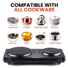 Load image into Gallery viewer, Elite Gourmet EDB-302BF# Countertop Double Cast Iron Burner, 1500 Watts Electric Hot Plate, Temperature Controls, Power Indicator Lights, Easy to Clean, Black