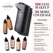Load image into Gallery viewer, Luminess BREEZE DUO Airbrush Makeup System, Tan Coverage – 9-Piece Kit includes 2x Silk Airbrush Foundation, Apricot Shade Blush, Glow Highlighter, Moisturizer Primer, and Airbrush Cleaning Solution