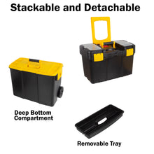 Load image into Gallery viewer, Portable Tool Box with Wheels - Stackable 2-in-1 Tool Chest with Fold-Down Comfort Handles, Tough Latches, and Removable Storage Trays by Stalwart, Black/Yellow