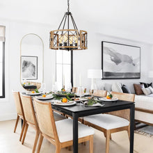 Load image into Gallery viewer, SANTOSTOCK D19'' Farmhouse Chandelier for Dining Room, 4-Light Adjustable Kitchen Island Lighting, Vintage Hanging Pendant Light Fixtures for Entryway Foyer Bedroom Hallway, Black & Dark Oak