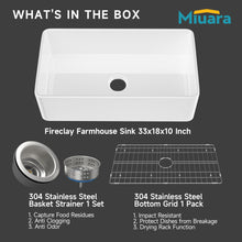 Load image into Gallery viewer, Miuara Farmhouse Sink 33 Inch - Apron Front Farmhouse Sink White 33"x18"x10", Fireclay Farm Sink, Farmer Barn Sink, White Undermount Kitchen Sink Single Bowl with Accessories, for Kitchen
