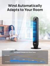 Load image into Gallery viewer, Dreo Tower Fan for Bedroom, 25ft/s Velocity Quiet Floor Fan, 90° Oscillating Fans for Indoors with 4 Speeds, 4 Modes, 8H Timer, Standing Fans, Bladeless Fan, Black, Nomad One (DR-HTF007)