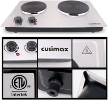 Load image into Gallery viewer, CUSIMAX 1800W Double Hot Plate, Stainless Steel Silver Countertop Burner Portable Electric Double Burners Electric Cast Iron Hot Plates Cooktop, Easy to Clean, Upgraded Version C180N