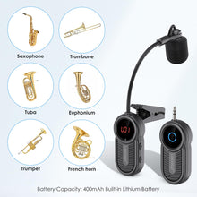Load image into Gallery viewer, Wireless Saxophone Microphone System for Beginners: UHF Rechargeable Instruments Microphone Receiver and Transmitter - 160ft Range. Plug and Play - Clip-on Mics Suitable for Sax Trumpet, Trombone