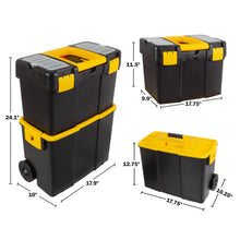 Load image into Gallery viewer, Portable Tool Box with Wheels - Stackable 2-in-1 Tool Chest with Fold-Down Comfort Handles, Tough Latches, and Removable Storage Trays by Stalwart, Black/Yellow