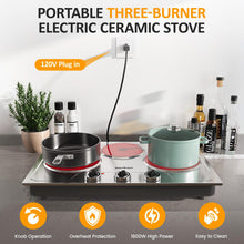 Load image into Gallery viewer, Sunvivi 1800W Triple Burner Portable Electric Ceramic Stove – Knob Control, Indicator Light, Compatible with All Cookware, Ideal for Multiple Cooking Scenarios, Silver