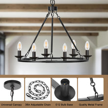 Load image into Gallery viewer, Black Farmhouse Chandelier, 6-Light Wagon Wheel Chandelier with Adjustable Height, Dining Room Light Fixture, Hanging Lights for Kitchen Island, Living Room, Bedroom, Entryway, E12 Base